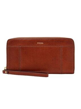 Fossil Jori RFID Brown Leather Zip Clutch Wallet With Wristlet Strap